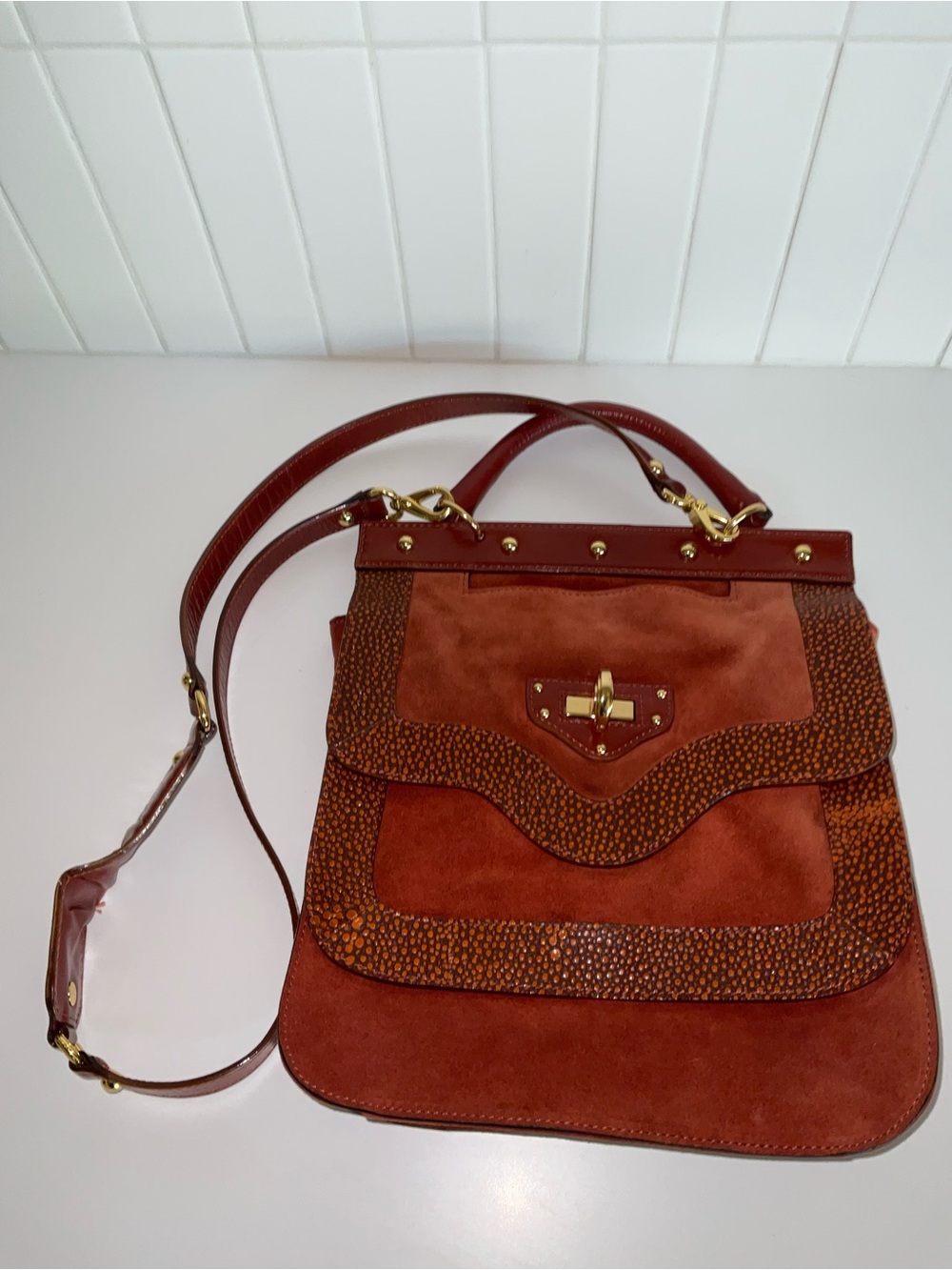 Nanette Lepore Rust Suede & Textured Trim Satchel with Gold Hardware